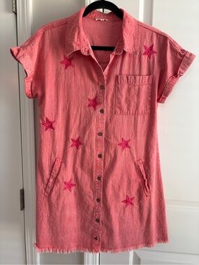 JODIFL Pink Star-Embroidered Mini Shirt Dress